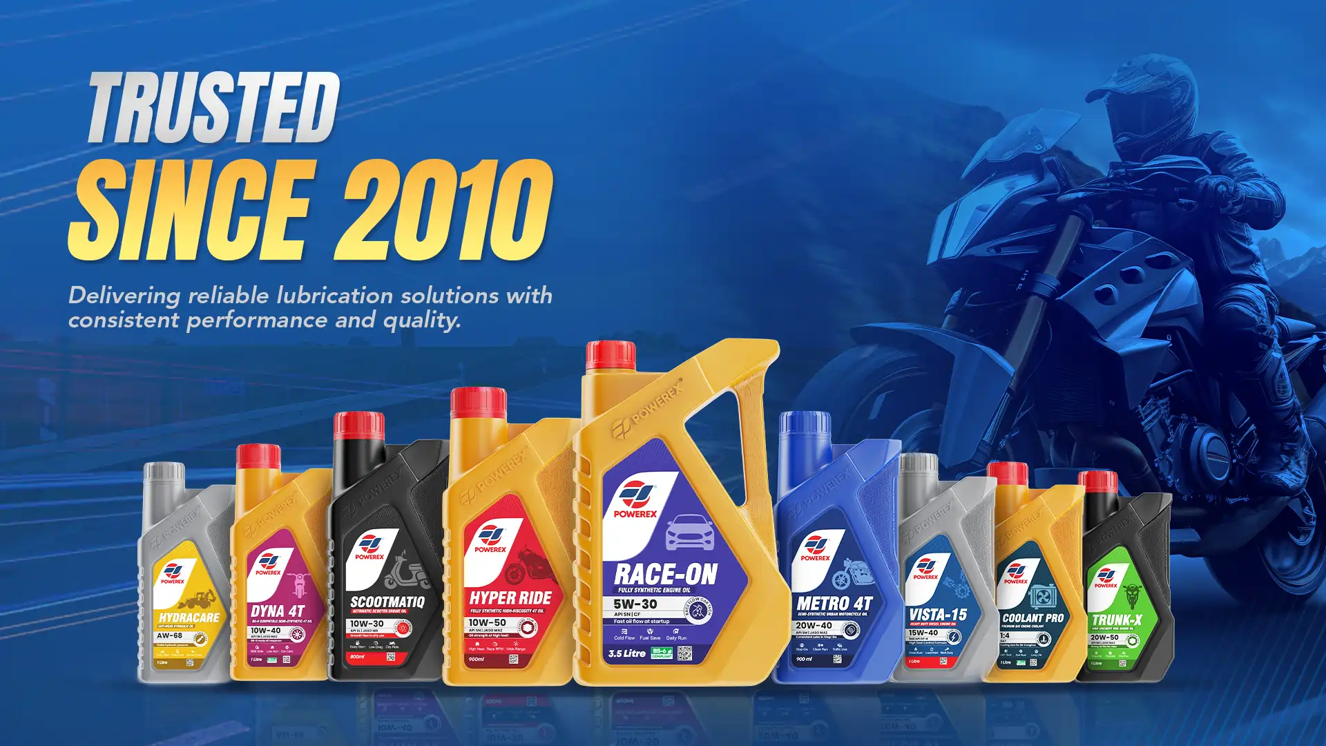 Powerex Trusted Since 2010 — Complete motorcycle and automotive engine oil range. Products include DYNA 4T, SCOOTMATIQ, HYPER RIDE, RACE-ON, METRO 4T, VISTA-15, COOLANT PRO, TRUNK-X. Reliable lubrication solutions since 2010.