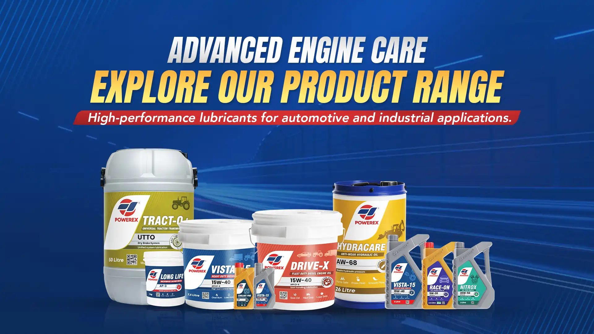 Powerex automotive lubricants product range — Advanced Engine Care. High-performance engine oils, hydraulic oils, gear oils, coolants and industrial lubricants. Products include TRACT-O+, DRIVE-X, HYDRACARE, VISTA-15, RACE-ON, NITROX.
