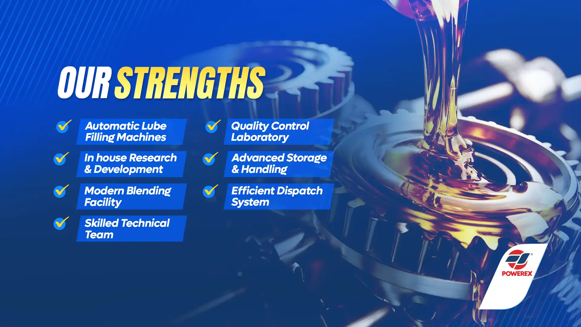 Powerex Petrochem manufacturing strengths — Automatic Lube Filling Machines, In-house Research and Development, Modern Blending Facility, Quality Control Laboratory, Advanced Storage and Handling, Skilled Technical Team, Efficient Dispatch System.